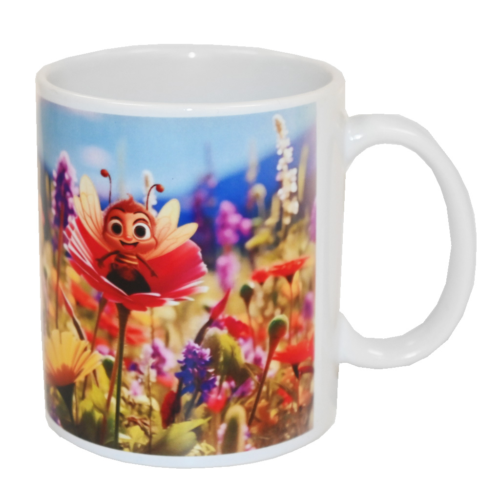 Taza con motivo infantil de abeja en flor