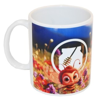 Taza con motivo infantil de abeja en flor