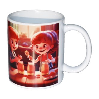 Taza con motivo infantil de niños con miel